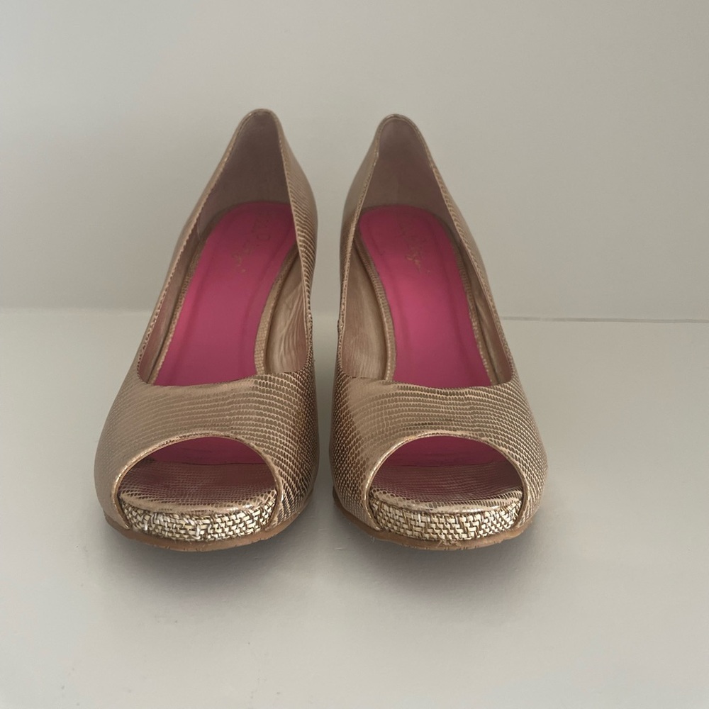 Gold Resort Chic Peep Toe Wedge Metallic Reptile Pumps